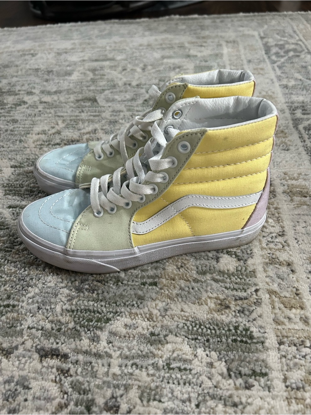 Vans Women's High-Top Sneakers in Light Blue, Pale Yellow & Cream - Picture 2 of 6